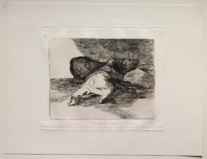 De Verschikkingen van de Oorlog: Hij Krijgt Er Iets Uit. door Francisco de Goya