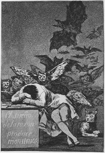 De Slaap van de Rede Produceert Monsters. Capricho Nr. 43, 1797-1798 door Francisco de Goya