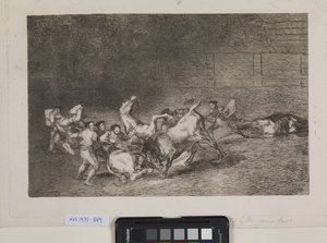 Twee picadors worden een voor een omvergeworpen door een enkele stier door Francisco de Goya