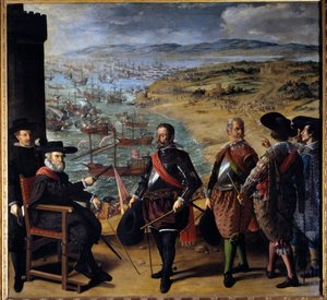 De verdediging van Cadiz (Cadiz, Spanje) tegen de Engelsen. De Engelse troepen veroverden de Toren van Cadiz op 1 november 1625 om goud en zilver uit Amerika te onderscheppen. Het zittende personage is Fernando Giron, gouverneur van de stad