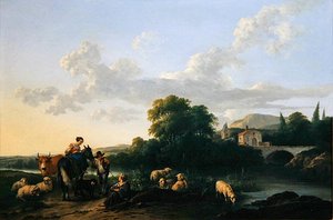 Boeren en vee in een Italiaanse landschap