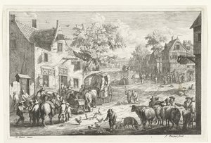 Dorpsgezicht met reizigers en veehandelaren bij herberg