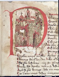 Ms Est 27 W 8.17 f.1r Geïllustreerde initiaal met afbeelding van Attila de Hun (ca.406-453) die de stad Aquila in brand steekt, uit De Oorlog van Attila door Nicola da Casola door Franco Italian School