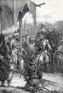 Zevende Kruistocht: koning Lodewijk IX werd gevangengenomen bij de Slag om Fariskur op 6 april 1250, tekening uit 
