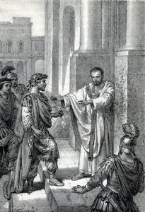 De aartsbisschop Sint Ambrosius van Milaan (Aurelius Ambrosius, Ambrogio di Milano (340-397) verbood de toegang tot de kerk aan de Romeinse keizer Theodosius I (Flavius Theodosius) (347-395) om hem te straffen voor het bloedbad van Thessalonica in 390 - Ex