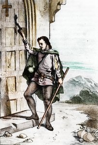 De jonge Jerome Savonarole (Girolamo Savonarola) (1452-1498) klopt aan de deur van het Dominicaanse klooster van Santo Domenico in Bologna in 1475