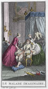 De ingebeelde zieke. Toneelstuk van Jean Baptiste Poquelin, genaamd Molière (1622-1673). Gravure in 