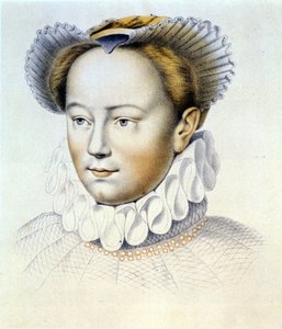 Portret van Marguerite de Valois, bekend als Koningin Margot (1553-1615), Koningin van Navarra, eerste vrouw van Hendrik IV (naar een originele tekening van Clouet) door Francois (after) Clouet