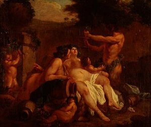 Bacchus feestvierend bij een stenen urn in een dal door Francois (circle of) Boucher