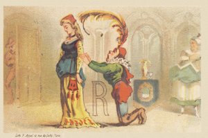 R (letter getoond door een dame en een knecht op zijn knieën)
