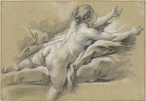 Een naakte vrouw die haar hand naar rechts uitstrekt door François Boucher