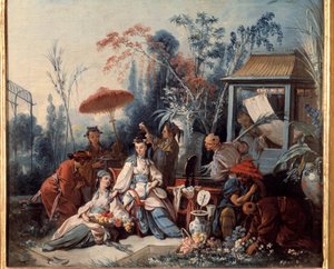 Chinese Tuin. Scène van Chinoiseries met een jonge vrouw omringd door bedienden. Schilderij door Francois Boucher (1703-1770)