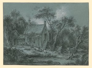 Huis met een trap tussen de bomen, met daarvoor een visser door François Boucher