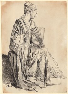 Jonge, zittende vrouw die met een waaier speelt door François Boucher