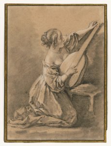 Een knielende jonge vrouw die een luit stemt door François Boucher