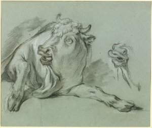 Rustende stier. Studie naar het schilderij „De ontvoering van Europa” in het Musée du Louvre in Parijs door François Boucher