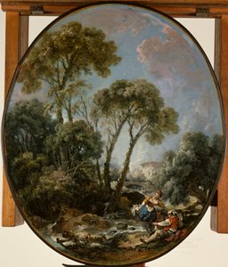 Landschap met een visser en een jonge vrouw door François Boucher