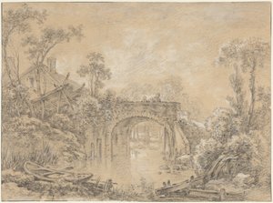 Landschap met een rustieke brug door François Boucher