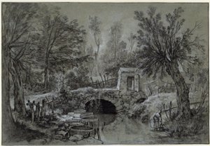 Landschap met beek en brug door François Boucher