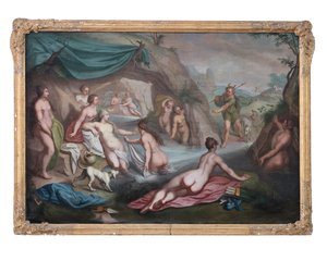 Olieverf op doek. Mythologisch schilderij: Artemis en haar gevolg worden tijdens het baden verrast door Akteion
