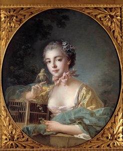 Portret van Madame Baudoin, dochter van de schilder. Het meisje poseert met haar kanarie. door François Boucher