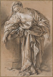 Studie van een gedrapeerde vrouw leunend op een voetstuk door François Boucher