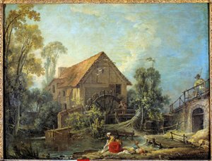 De molen Een vrouw wast de was in de beek bij een watermolen. Schilderij door Francois Boucher (1703-1770) 1751 Zon. 0.66 x 0.84 m. door François Boucher