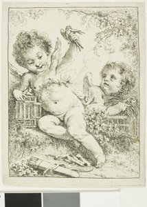 Twee Putti met een Vogel door François Boucher