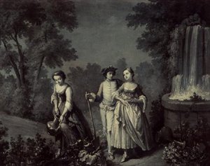 Twee meisjes en een jongen tuinieren bij een fontein
