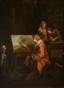 In het atelier van de schilder („De landschapsschilder” of „De schilder aan zijn schildersezel”) door François Boucher