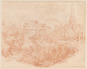 Uitzicht op de boerderijen en de kerktoren door François Boucher
