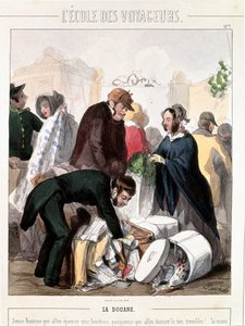 Douane. Douanecontrole van de bruidsschat van een erfgename die ging trouwen met een jonge man. Kleuren gravure door Francois Bouchot (1800-1842), circa 1830. Parijs, Musee Carnavalet door Francois Bouchot