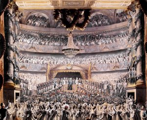 Lodewijk XVIII (1755-1824) woont het theater van Odeon bij op een feest gegeven door de Nationale Garde van Parijs in 1819