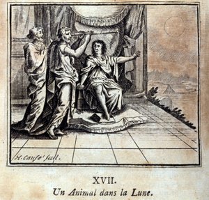 Een dier in de maan. Fabels van Jean de La Fontaine. Illustratie door François Chauveau. Editie van 1728. door Francois Chauveau