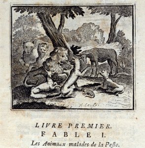 Dieren ziek van de pest. Fabels door Jean de La Fontaine (1621-95). Illustratie door François Chauveau (1613-1676). Editie van 1728. door Francois Chauveau