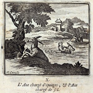Ezel beladen met sponzen, en ezel beladen met zout. Fabels van Jean de La Fontaine. Illustratie door François Chauveau. Editie van 1728.