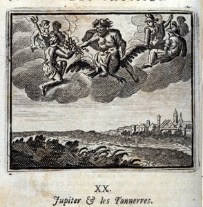 Jupiter en de donder. Fabels van Jean de La Fontaine. Illustratie door François Chauveau. Editie van 1728.