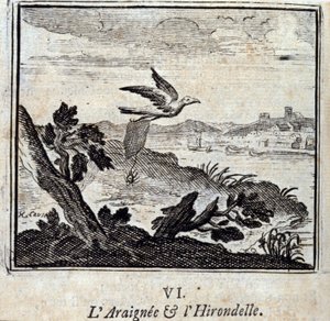 De spin en de zwaluw. Fabels door Jean de La Fontaine (1621-95). Illustratie door François Chauveau (1613-1676). Editie van 1728. door Francois Chauveau