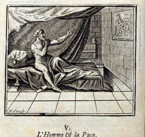 De man en de vlo. Fabels van Jean de La Fontaine. Illustratie door François Chauveau. Editie van 1728.