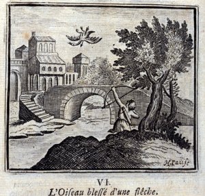 De vogel gewond door een pijl. Fabels van Jean de La Fontaine. Illustratie door François Chauveau. Editie van 1728.