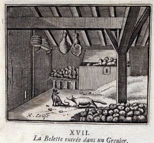 De wezel in de graanschuur. Fabels van Jean de La Fontaine. Illustratie door François Chauveau. Editie van 1728.