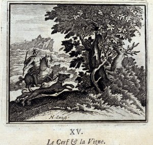 Het hert en de wijnstok. Fabels door Jean de La Fontaine (1621-95). Illustratie door François Chauveau (1613-1676). Editie van 1728.