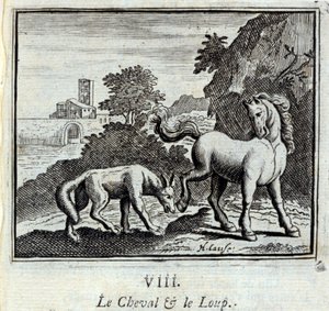 Het paard en de wolf. Fabels door Jean de La Fontaine (1621-95). Illustratie door François Chauveau (1613-1676). Editie van 1728.