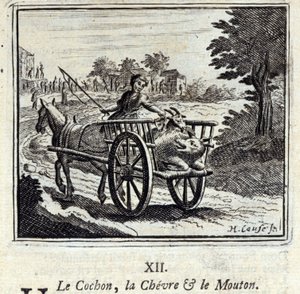Het varken, de geit en het schaap. Fabels van Jean de La Fontaine. Illustratie door François Chauveau. Editie van 1728. door Francois Chauveau