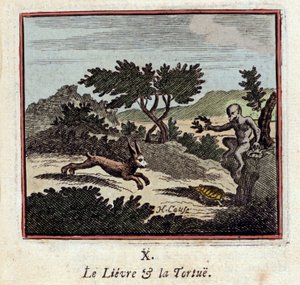 De haas en de schildpad - Fabels van Jean de La Fontaine (illustratie door Francois Chauveau, editie van 1728) door Francois Chauveau