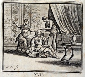 Man tussen twee leeftijden en zijn twee Meesteressen. Fabels van Jean de La Fontaine. Illustratie door François Chauveau. Editie van 1728.