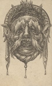 Masker met lange wenkbrauwen en snor en een hoofdtooi met bungelende doek, ca. 1635-45