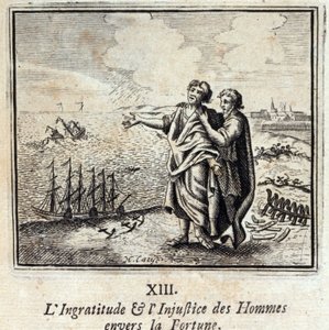 Ondankbaarheid en onrechtvaardigheid van mensen jegens Fortuna. Fabels door Jean de La Fontaine (1621-95). Illustratie door François Chauveau (1613-1676). Editie van 1728. door Francois Chauveau