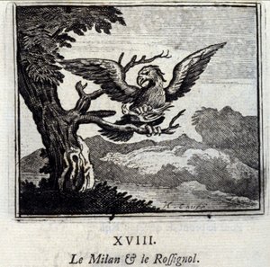 Milan en de Nachtegaal. Fabels van Jean de La Fontaine. Illustratie door François Chauveau. Editie van 1728. door Francois Chauveau
