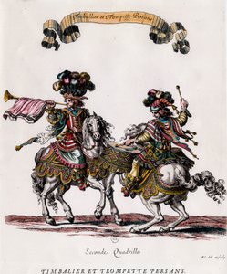 Perzische trommelaar en trompettist tijdens de carrousel gegeven door koning Lodewijk XIV (1639-1715). Gravure door Francois Chauveau (1613-1676) circa 1662. Privécollectie door Francois Chauveau